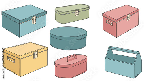 Storage box and container collection featuring colorful trunks, chests, and tool caddies in a vector style for home use.