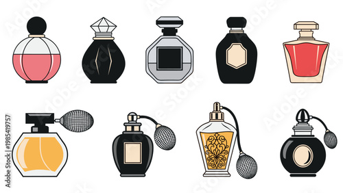 Elegant perfume bottle collection features various shapes and designs from vintage to modern luxury styles for fragrance.