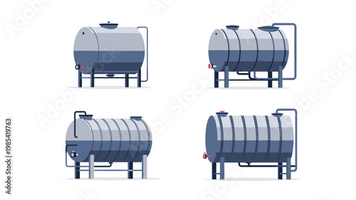 Industrial storage tanks for liquids shown in several perspectives with metal frames and connecting pipes for manufacturing.