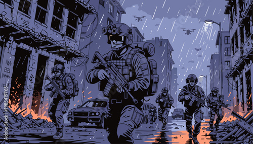 A group of soldiers in tactical gear advancing through a war-torn city street with burning buildings and debris.