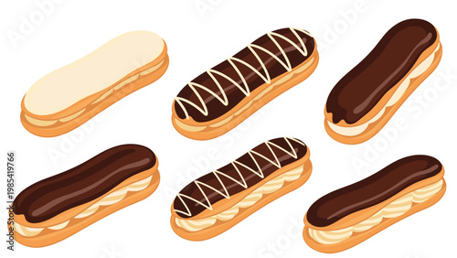Delicious chocolate eclair assortment with various cream fillings and decorative icing patterns on top for bakery menu.