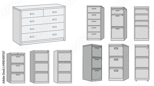 Office furniture line art collection features various vertical filing cabinets and a large wooden dresser for organization.