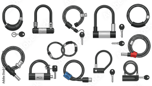 Set of different bicycle locks including U-locks and cable locks along with their corresponding keys for bike security and protection concepts.