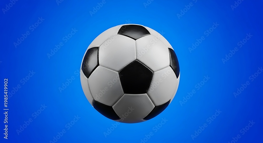 Naklejka premium A close-up studio shot of a classic black and white soccer ball against a vibrant blue backdrop