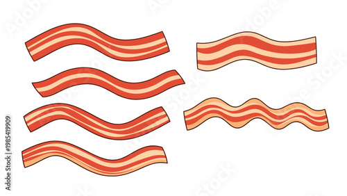 Set of various crispy cooked bacon slices with wavy shapes and different levels of browning for breakfast and food themes.