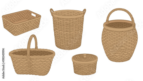 Collection of diverse woven wicker baskets including picnic baskets with handles, storage bins, and decorative containers for home organization.