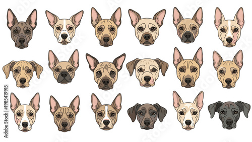 Comprehensive set of diverse dog face portraits featuring different breeds, colors, and markings in a detailed flat illustration style.