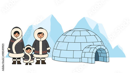 Illustration of an Eskimo family wearing traditional winter clothing standing next to an ice igloo with snow covered mountains in the background.