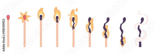 Burning match. Wooden matchstick animation, burn process from spark to extinguish coal head. Fire flame moving, combustion racy vector scene
