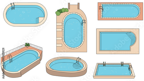 Assortment of swimming pool designs featuring different shapes like oval, rectangular, and round with stairs, ladders, and surrounding patios.