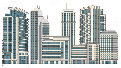 Minimalist skyline illustration of various modern office buildings and tall skyscrapers with glass facades against a white background.
