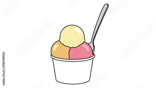 Delicious ice cream served in a white paper cup with three scoops of different flavors like vanilla, strawberry, and orange with a metal spoon.