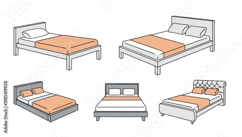 Set of various bed designs including single, double, and king size beds with different headboards and colorful blankets and pillows.