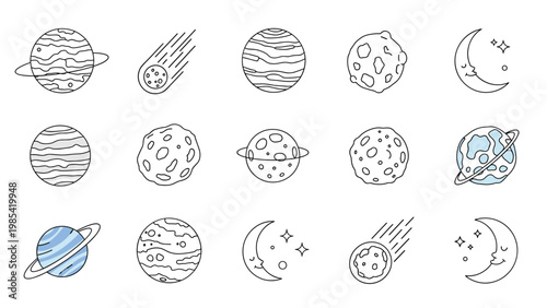 Collection of various celestial bodies in line art style including planets with rings, crescent moons with faces, stars, and falling meteors.