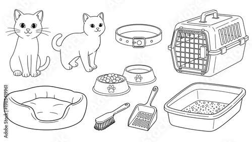 Comprehensive set of cat care items including cats, food bowls, collar, carrier, brush, scoop, bed, and litter box in line art.