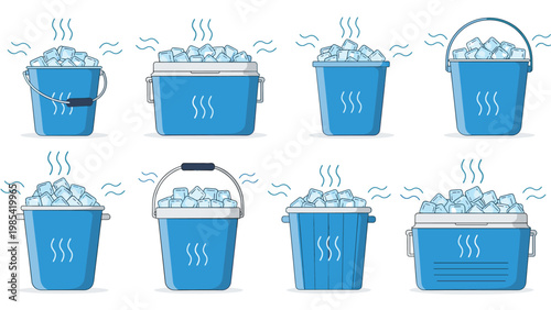 Assortment of blue ice buckets and portable coolers filled with ice cubes and emitting cold steam in various shapes and sizes.