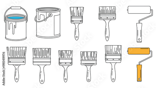 Assorted professional house painting tools including paint cans, various brushes, and rollers in a simple line art style.