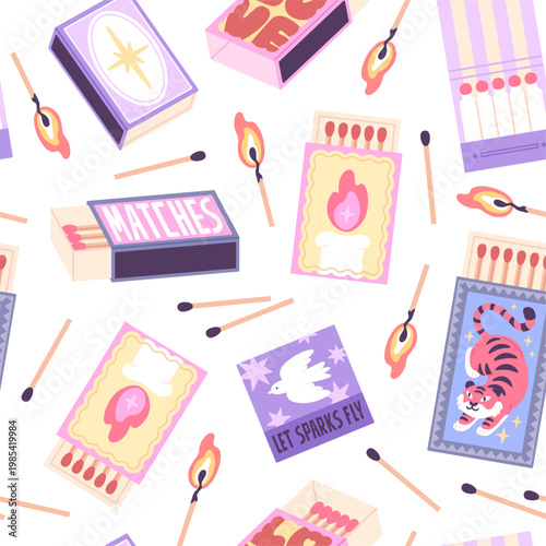 Matchbox seamless pattern. Stylish vintage matchboxes, burning wooden matches. Decorative print for fabric, textile, wallpaper, racy vector background