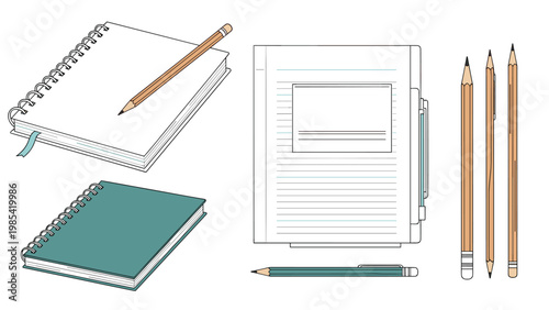 Set of school and office stationery items including spiral notebooks, a notepad, and several wooden graphite pencils.