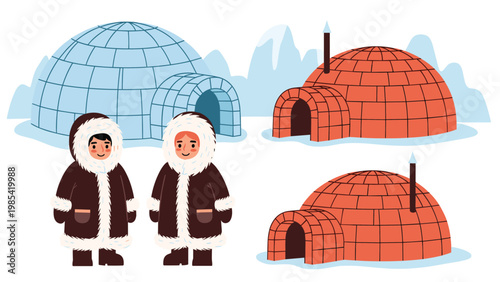 Traditional arctic scene with two people in winter clothing standing next to blue and red brick igloos in a snowy landscape.