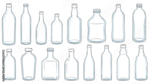 Large collection of empty transparent glass bottles in various shapes and sizes for liquids and beverages.