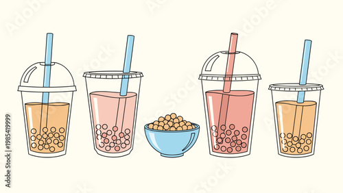 Selection of bubble tea drinks in plastic cups with large straws and a bowl of tapioca pearls in the center.