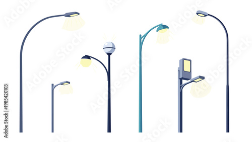 Street lighting fixtures collection features various modern lamp post designs with different pole shapes and luminaire styles for urban areas.