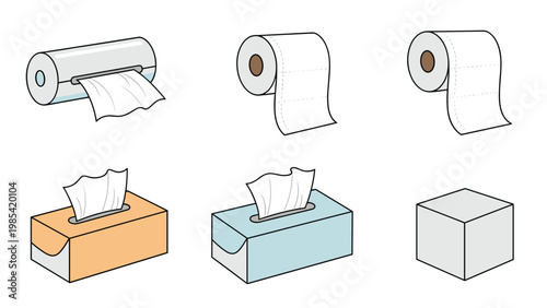 Paper hygiene product assortment displays various rolls of toilet paper and cardboard tissue boxes in different colors and dispensing styles.