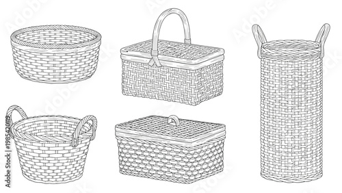 Woven wicker basket collection presents multiple hand-drawn line art illustrations of traditional containers with handles and lids for storage.