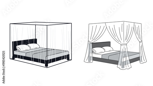 Mosquito net bed designs include two different protective canopy styles over a double bed to prevent insects while sleeping in a bedroom.
