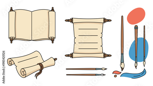 Vintage paper scroll and calligraphy set includes old parchment rolls with traditional ink brushes and abstract colored ink splatters on top.