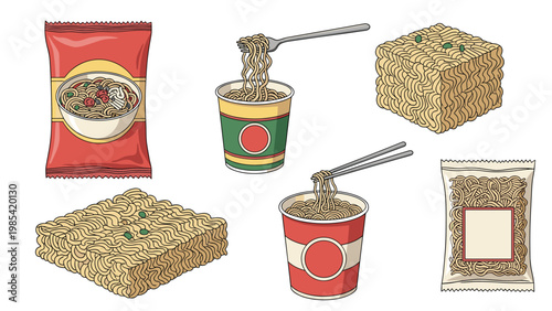 Instant noodle product variety shows various packaging styles including cups packets and dried noodle blocks with forks and chopsticks used.