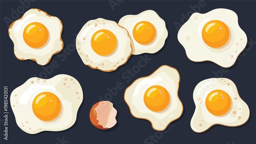 Fried egg collection features several sunny side up eggs with bright yellow yolks and white edges alongside a small piece of broken shell.