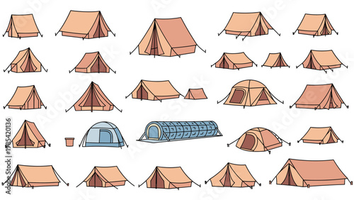 Camping tent assortment features numerous designs of outdoor shelters in various sizes shapes and colors for hikers and nature enthusiasts.