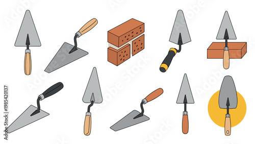 Construction trowel set features various masonry tools used for bricklaying alongside a small section of a red brick wall on a white background.