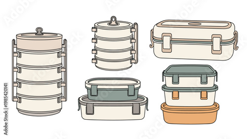 Reusable lunch box and food container collection includes multi-tiered stacked sets and individual leak-proof boxes for meal preparation.