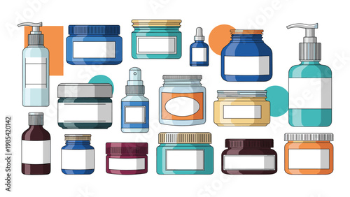 Cosmetic and skincare packaging set features an extensive collection of bottles jars and containers for lotions creams and beauty products.