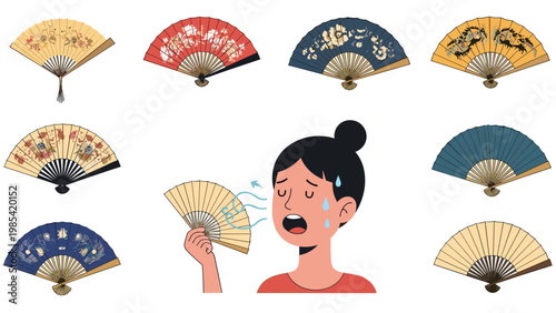 Exhausted woman cooling down with a hand fan is surrounded by multiple traditional and decorative folding fan designs during hot weather.