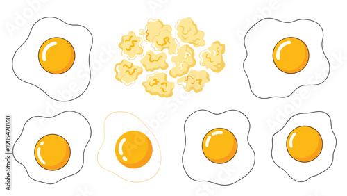Breakfast egg set includes several sunny side up fried eggs and pieces of scrambled eggs isolated on a clean white background for food themes.