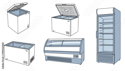 Commercial freezer and refrigerator unit collection presents different models of chest freezers and upright display cases for food storage.