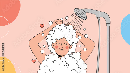 Happy person washing hair in a shower with lots of soap bubbles and hearts represents a daily self-care routine and personal hygiene habits.