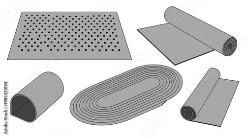 Floor mat and rug variety shows different shapes and materials including oval rugs rolled up carpets and a textured rectangular bathroom mat.