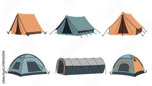 Outdoor camping tent collection features different portable shelter designs in various colors and shapes for camping and hiking adventures.