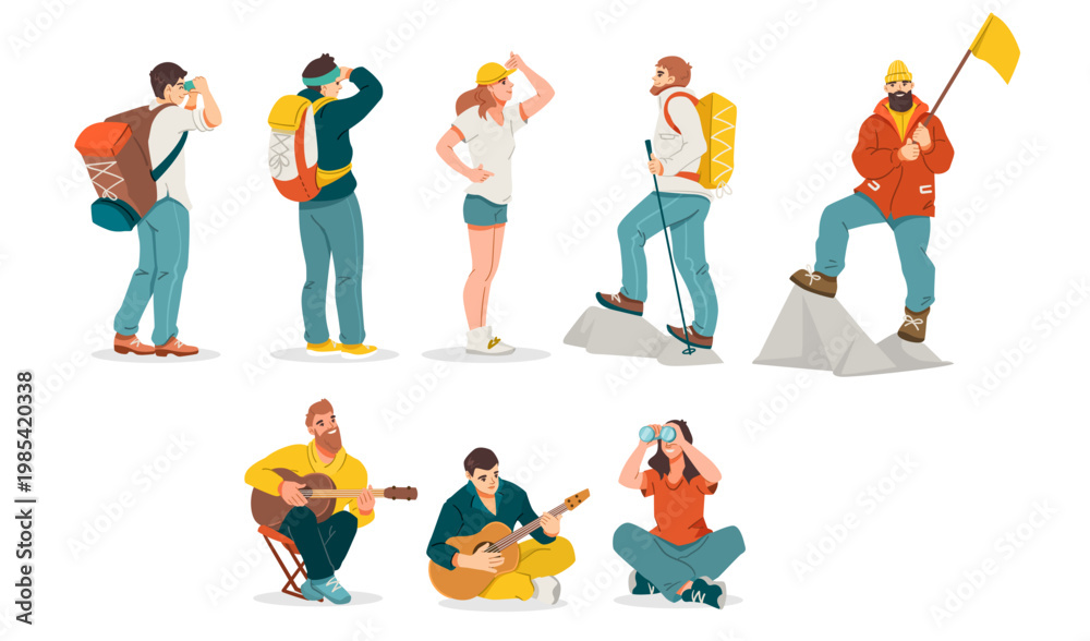 Naklejka premium Group of tourists hiking and relaxing in flat style on white background, concept of adventure. Vector illustration