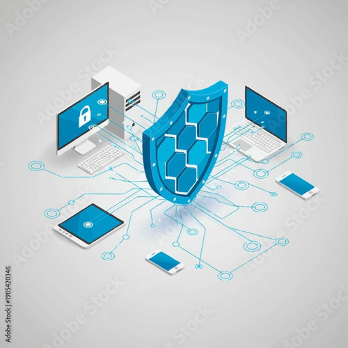 Digital security concept with shield and devices.