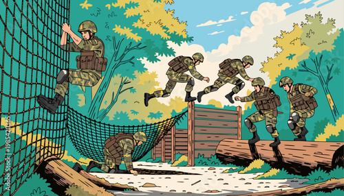 Soldiers in camouflage uniforms navigating an obstacle course with a net, log, and wall in a wooded area with trees and a blue sky.