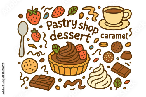 Pastry Shop Delight. Pastry shop dessert. Hand-drawn doodle illustration of pastry shop dessert. Chocolate