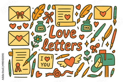 Love Letters Doodle. Love letters. Hand-drawn doodle illustration of Love letters. Envelopes, quill pens, ink