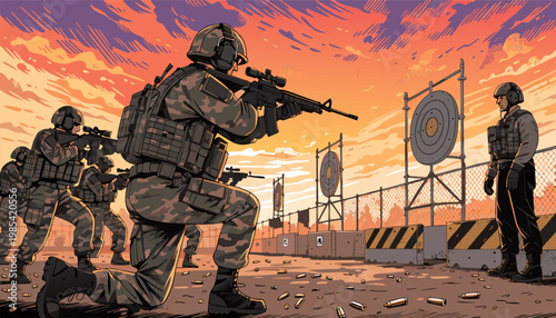 A group of soldiers in camouflage gear practicing marksmanship at a shooting range with targets and a vibrant orange sky.