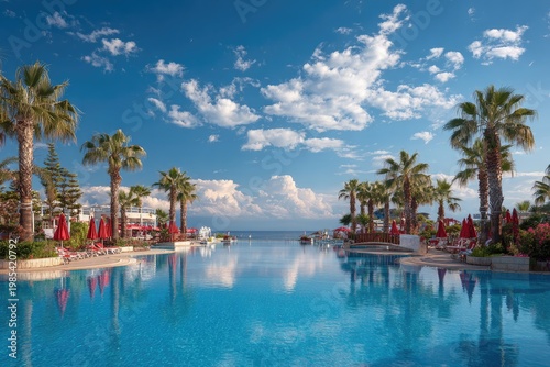 Lush resort scene with a large, tranquil pool mirroring a vibrant blue sky and palm trees